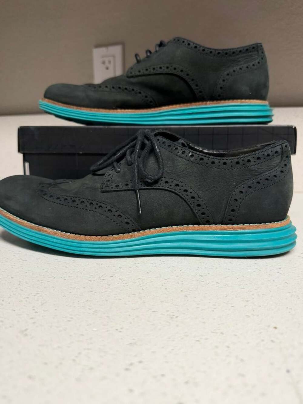 Cole Haan Lunargrand Wingtip Oxford Shoes Black Nubuck Turquoise Blue Mens 8M